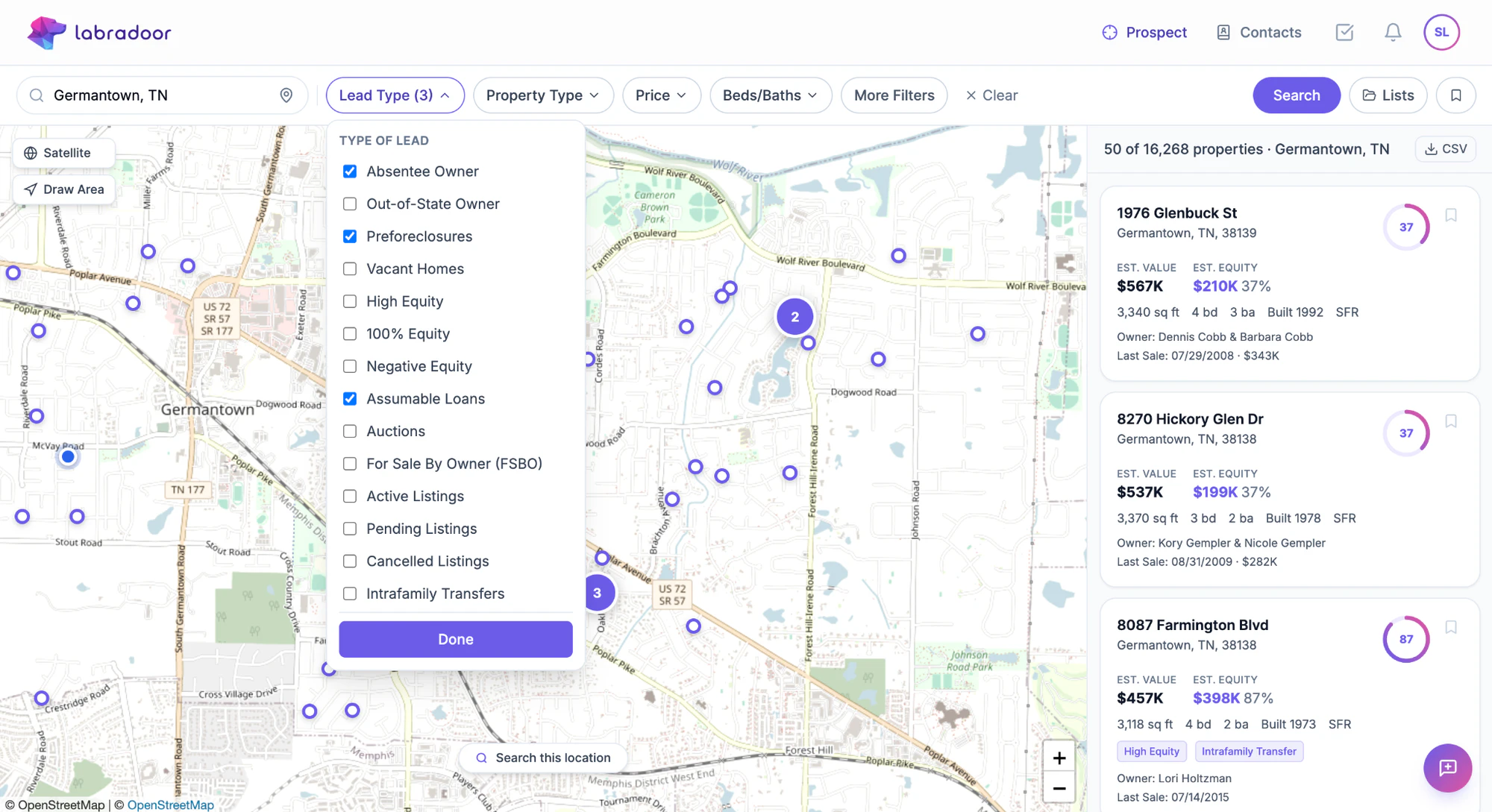 Labradoor Prospect lead-type filters on the web platform
