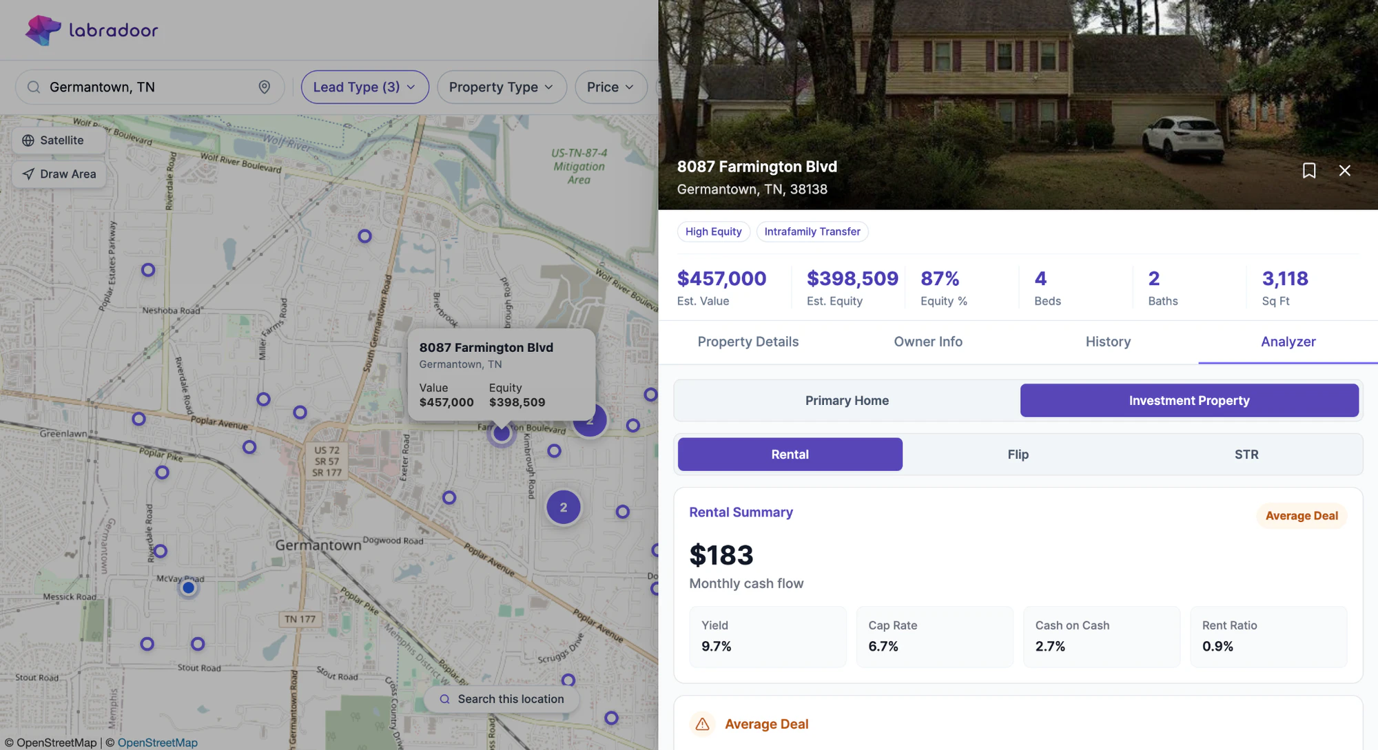 Labradoor web Analyzer showing a rental investment scenario