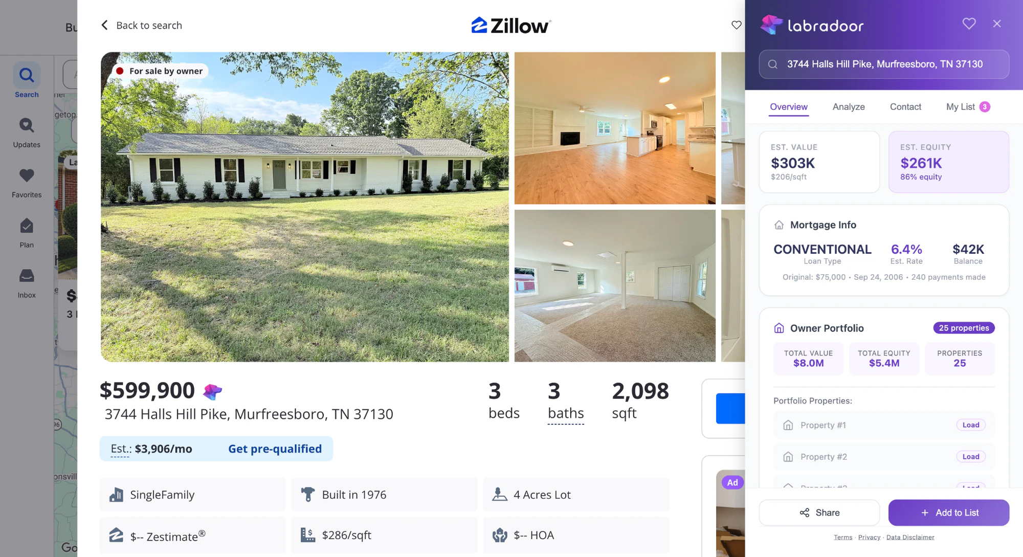 Labradoor Chrome extension property overview beside a property listing